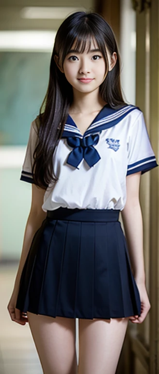 (masterpiece, highest quality:1.2), 8K, young beautiful girl, 85mm,Official AR RAW photo, baby face、big breasts、show me your ears、photo shoot, cute face, thighs, After school classroom, looking at the viewer, embarrassing、smile、no makeup, film grain, chromatic aberration, sharp focus, face light, clear lighting, Ten generations, detailed face, background bokeh、((((((15 year old high school girl))))))、thin waist、sailor suit、dark blue mini skirt、white small panties,