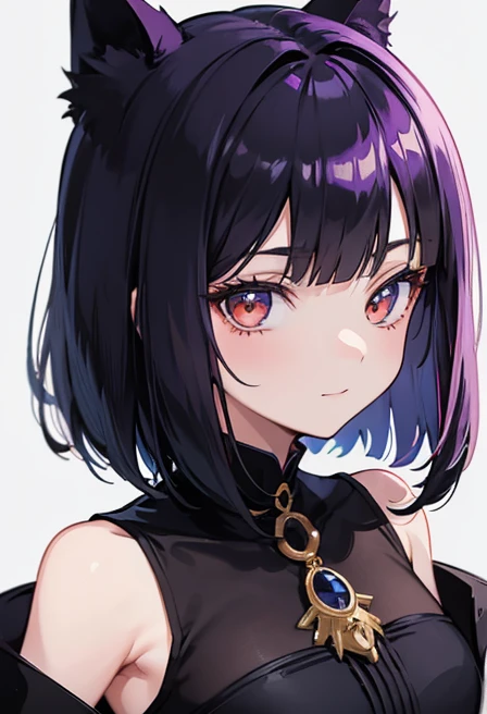 Witch's outfit, Anime-style portrait of a girl with a deep violet bob cut, {Golden eyes}, bright eyes, baby-faced, eye contact with the camera, subtle smile, minimalistic background to emphasize character, high contrast, clean lines, digital painting, vivid colors