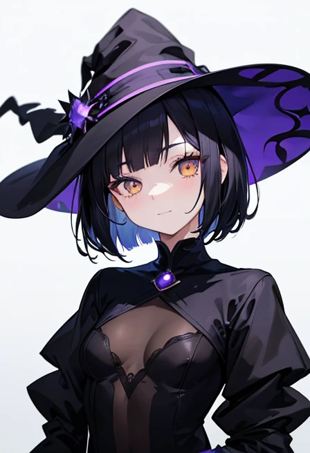 Witch's outfit, Anime-style portrait of a girl with a deep violet bob cut, {Golden eyes}, bright eyes, baby-faced, eye contact with the camera, subtle smile, minimalistic background to emphasize character, high contrast, clean lines, digital painting, vivid colors