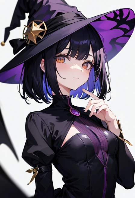 Witch's outfit, Anime-style portrait of a girl with a deep violet bob cut, {Golden eyes}, bright eyes, baby-faced, eye contact with the camera, subtle smile, minimalistic background to emphasize character, high contrast, clean lines, digital painting, vivid colors