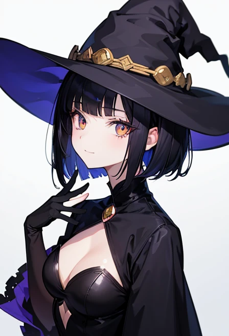 Witch's outfit, Anime-style portrait of a girl with a deep violet bob cut, {Golden eyes}, bright eyes, baby-faced, eye contact with the camera, subtle smile, minimalistic background to emphasize character, high contrast, clean lines, digital painting, vivid colors