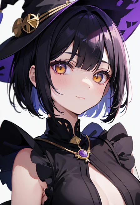 Witch's outfit, Anime-style portrait of a girl with a deep violet bob cut, {Golden eyes}, bright eyes, baby-faced, eye contact with the camera, subtle smile, minimalistic background to emphasize character, high contrast, clean lines, digital painting, vivid colors