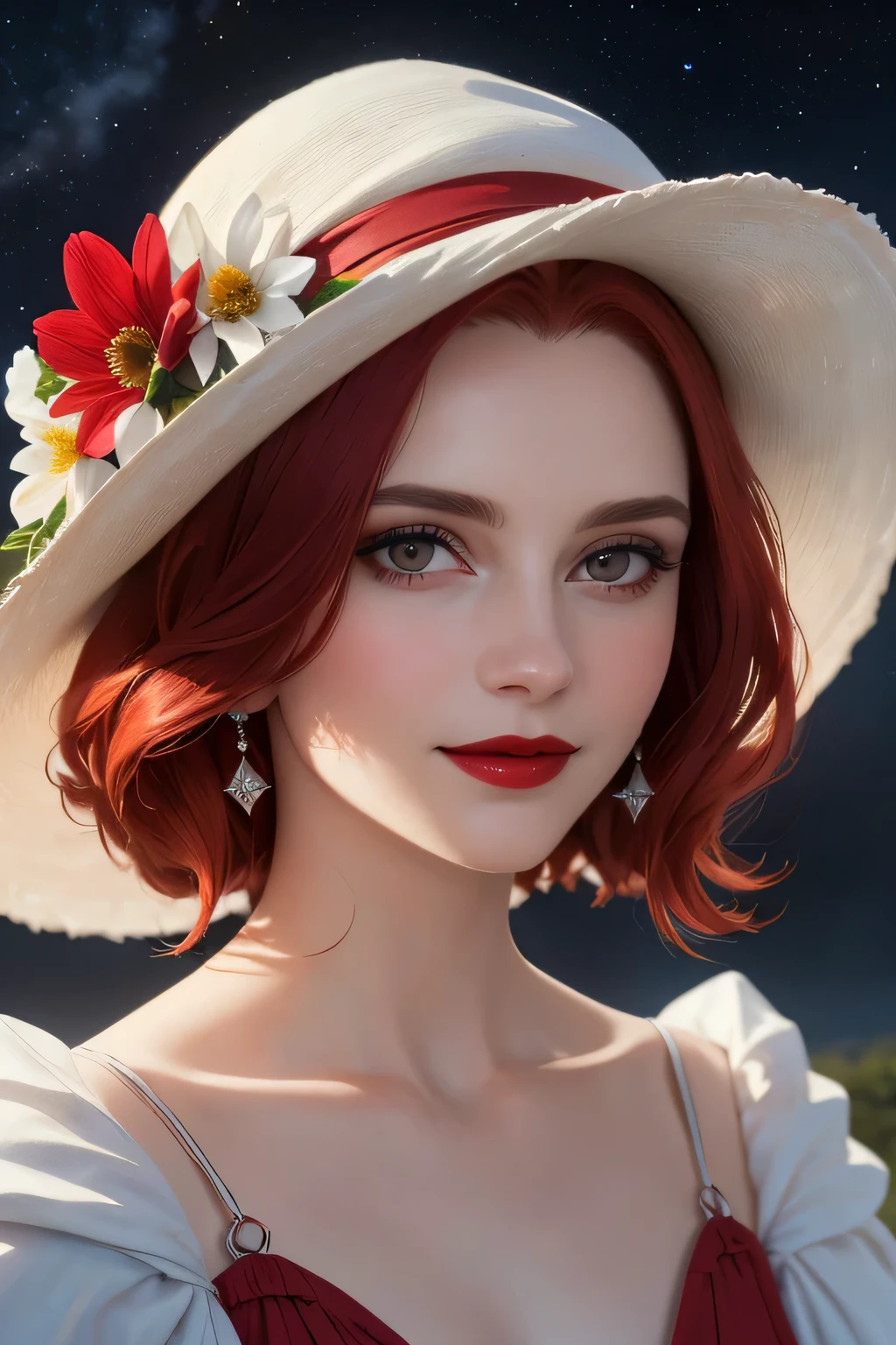 Up close face, (Masterpiece, Best Quality:1.3), absurdres, (8k resolution), illustration, ((outline, thick lineart)), (faux traditional media:1.3), looking at viewer,(masterpiece,best quality),HDR,high-definition,[[Intricate Details]],cinematic,photorealisticportrait shot, ((vivid red hair)), mature woman, 30 years old, diamond face, moonlight, red starry sky background, depth of field, magic, big red lips, ((dark black eyes)) red an blue long and full dress, covered chest, mystical atmosphere, smile expression, posing, taut and well defined body, attractive. Highly realistic, pale skin, beautiful, hyperrealism, skin very elaborated, direct gaze ,flower_style,
