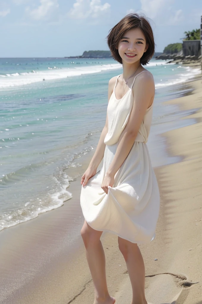 19 year old beautiful girl、Highest image quality、realistic、16K、beautiful woman、Ropixie Cut、slim、white dress、beach、Okinawa sea、walk on the sandy beach、standing pose、Pull up your hair、beautiful feet、panoramic、whole body、Taken from a distance、smile