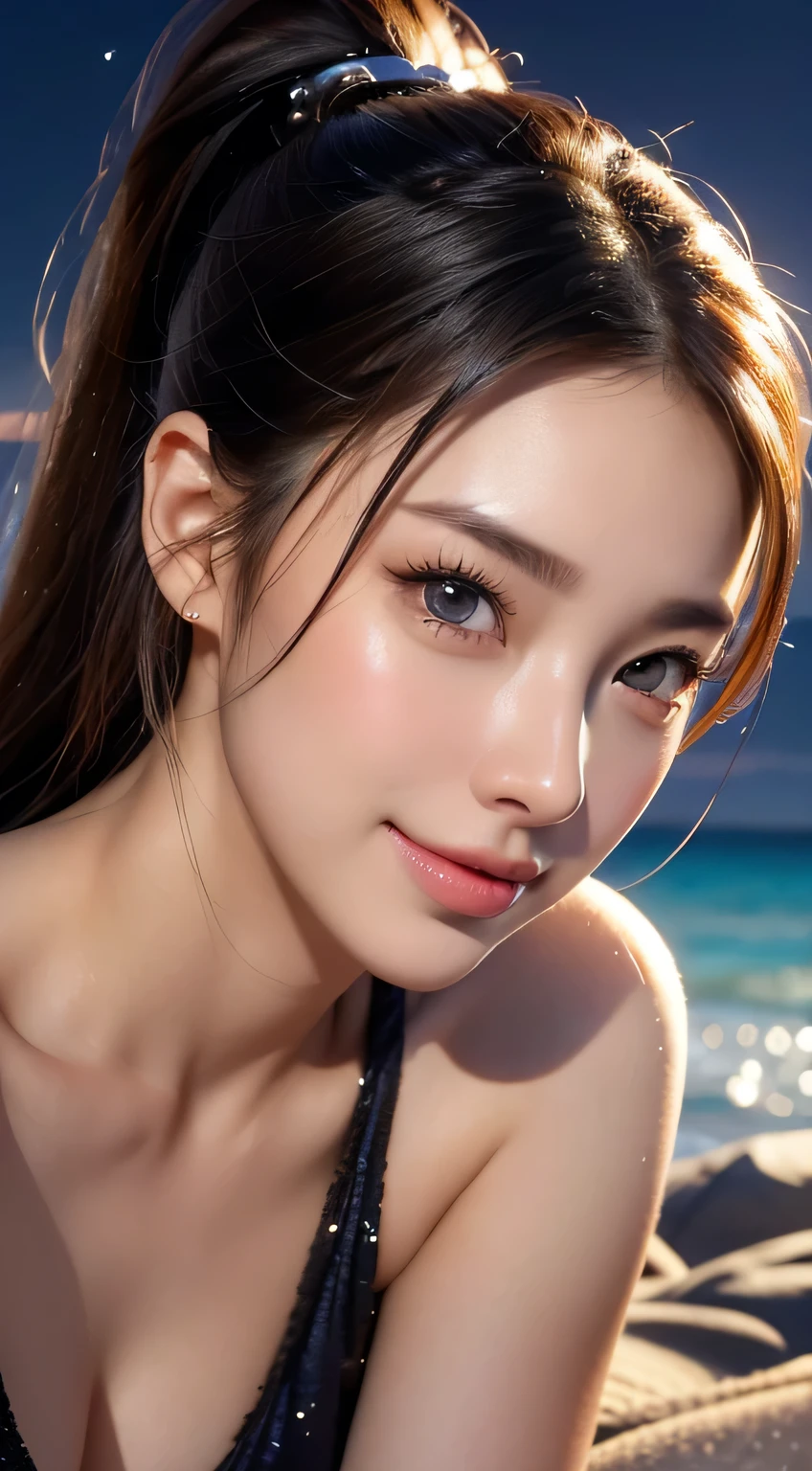 Beautiful woman,body portrait、8k,fine and beautiful eyes,Dindal effect、masterpiece, 最high quality, high quality, High resolution、very detailed photos、(natural skin texture、fine skin、hyper realism、Super sharpness)、high detail skin、(very detailed、fine skin texture、intricate details、beautiful face、(lifelike face)、realistic eyes、beautiful and detailed eyes、ponytail、real looking skin、beautiful skin、big breasts、G cup、glamorous、shiny skin、Oily muscle、sunbathing on the beach、surreal、very detailed、golden ratio、with smiling eyes、((night moonlight background))、body portrait