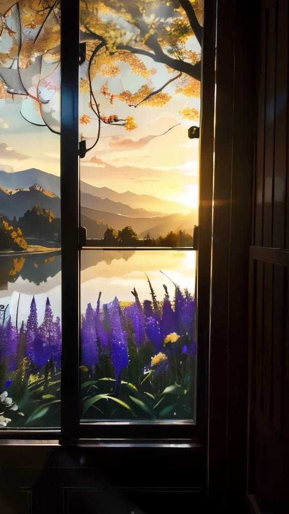(Masterpiece,high resolution,cinematic lighting,realistic rendering), Scenery outside the window:(1.0), Serene landscape unfolds before the viewers' eyes, lush green trees dotting the hillsides, a tranquil lake reflecting the golden sunset,(Valley of flowers in bloom), Crisp autumn leaves cascading down trees, (Mountains in the distance, sun setting behind), (Detailed foliage, shadows cast long), (Birds flying overhead, leaves rustling gently), (Reflection on the glass window, distorting the image), (Detailed, highly textured), (Perfectly captures the essence of nature)