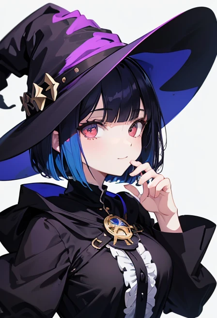 Witch's outfit, Anime-style portrait of a girl with a deep violet bob cut, {Golden eyes}, bright eyes, baby-faced, eye contact with the camera, subtle smile, minimalistic background to emphasize character, high contrast, clean lines, digital painting, vivid colors