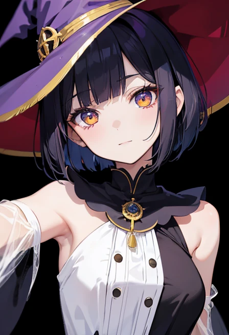 Witch's outfit, Anime-style portrait of a girl with a deep violet bob cut, {Golden eyes}, bright eyes, -facee contact with the camera, subtle smile, minimalistic background to emphasize character, high contrast, clean lines, digital painting, vivid colors