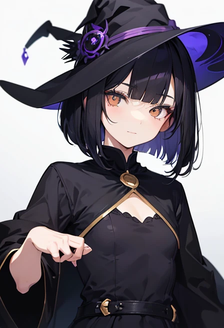 Witch's outfit, Anime-style portrait of a girl with a deep violet bob cut, {Golden eyes}, bright eyes, baby-faced, eye contact with the camera, subtle smile, minimalistic background to emphasize character, high contrast, clean lines, digital painting, vivid colors
