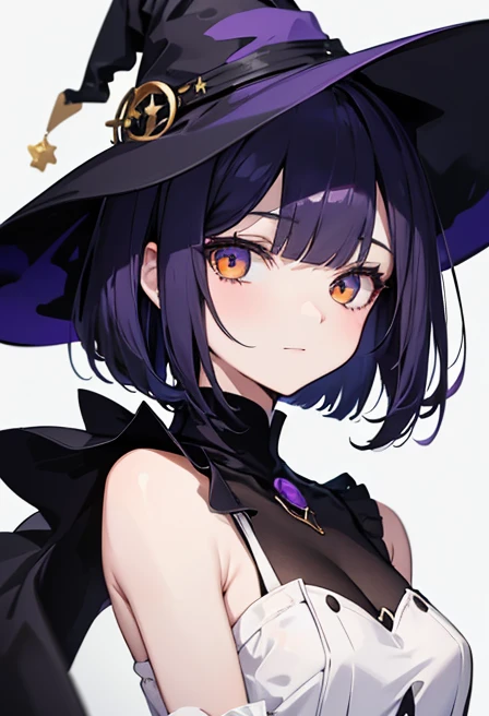 Witch's outfit, Anime-style portrait of a girl with a deep violet bob cut, {Golden eyes}, bright eyes, baby-faced, eye contact with the camera, subtle smile, minimalistic background to emphasize character, high contrast, clean lines, digital painting, vivid colors