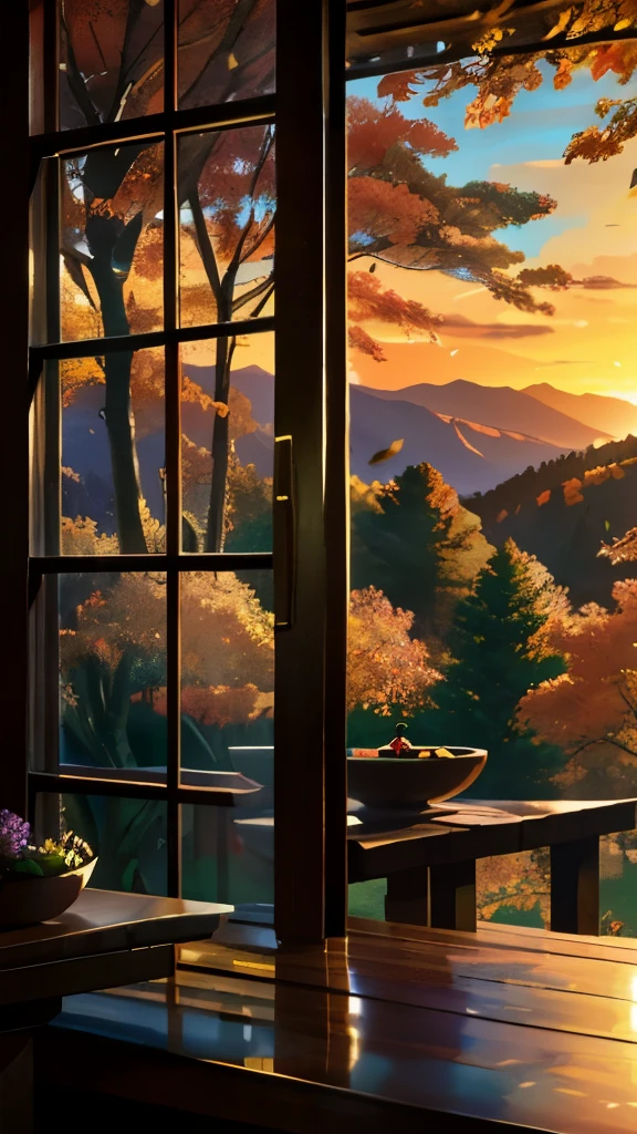 (Masterpiece, high resolution, cinematic lighting, realistic rendering),
An exquisite tableau unfolds before the attentive audience outside the window,
A serene landscape adorned with lush, green trees that gracefully adorn the undulating hillsides,
A tranquil lake mirrors the golden sunset, its surface gently undulating with the reflective luminescence,
(Blossoming valley of vibrant flowers),
Crisp autumn leaves cascade down trees, their hues of amber and scarlet adding a seasonal allure,
(Distanced mountains bathed in the setting sun's warm glow),
Detailed foliage displays an intr
