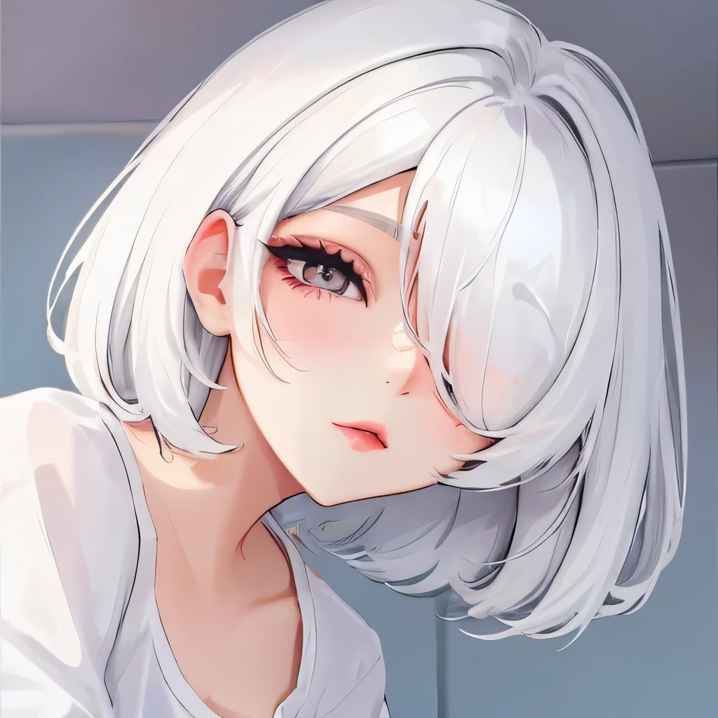 Girly girl, white shirt, face close-up, white hair, light white eyes, pure, (Hair Over One Eye), messy short hair, feminine, innocent, ethereal