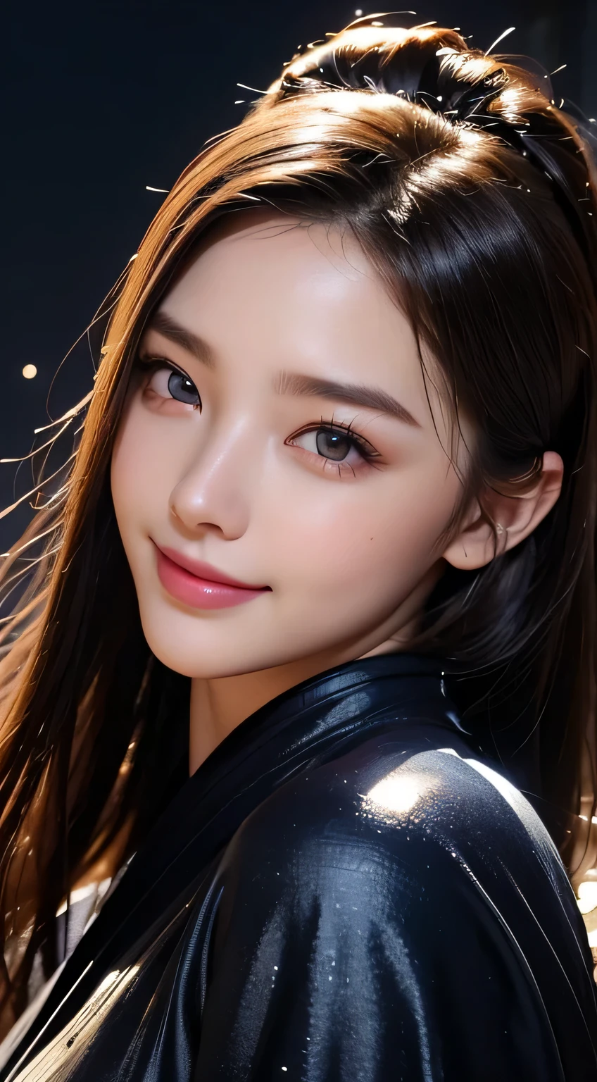 Beautiful woman in kimono，body portrait、8k，fine and beautiful eyes，Dindal effect、masterpiece, 最high quality, high quality, High resolution、very detailed photos、(natural skin texture、fine skin、hyper realism、Super sharpness)、high detail skin、(very detailed、fine skin texture、intricate details、beautiful face、(lifelike face)、realistic eyes、beautiful and detailed eyes、real looking skin、beautiful skin、surreal、very detailed、golden ratio、with smiling eyes、((night moonlight background))、body portrait、shiny bodysuit