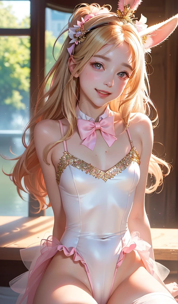 masterpiece, best quality, extremely detailed CG unity 8k wallpaper, (Upper Body head close-up shot of a beautiful little girl), , Elegant Long straight blonde hair, (Mckenna Grace), (flat chest,thighs), (pink-white) golden (Glittering tutu,long Bunny Ear Headgear, , Bow-tie, No panties, genitals visible), (spread legs), (Blush), oil skin, (seductive smile), (Wonderland), pretty face, key art, award winning, intricate detail realism hdr, by (ruan jia and artgerm and range murata), Photorealism, Hyperrealism, ultra realistic, dramatic light, intense shadows, gorgeous view, depth of field
 
