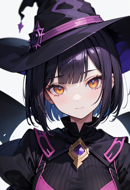 Witch's outfit, Anime-style portrait of a girl with a deep violet bob cut, {Golden eyes}, bright eyes, -facee contact with the camera, subtle smile, minimalistic background to emphasize character, high contrast, clean lines, digital painting, vivid colors