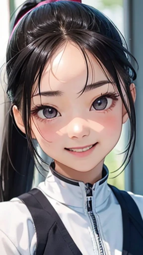 highest quality、realistic、Japanese、girl、zoom、look up、cute、Gray eyes、ponytail、black hair、all back、Forehead is coming out、leotard、gymnast、joy、Grinning、