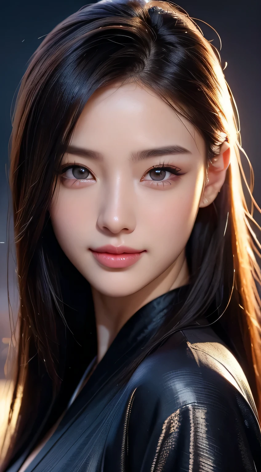 Beautiful woman in kimono,body portrait、8k,fine and beautiful eyes,Dindal effect、masterpiece, 最high quality, high quality, High resolution、very detailed photos、(natural skin texture、fine skin、hyper realism、Super sharpness)、high detail skin、(very detailed、fine skin texture、intricate details、beautiful face、(lifelike face)、realistic eyes、beautiful and detailed eyes、real looking skin、beautiful skin、surreal、very detailed、golden ratio、with smiling eyes、((night moonlight background))、body portrait、shiny bodysuit