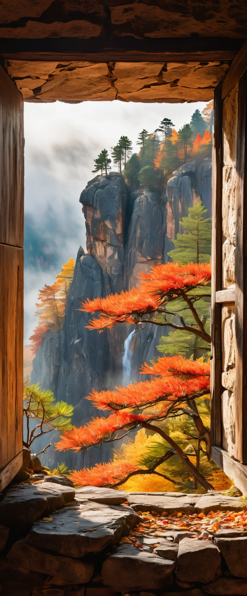 In the window of an old house, there is a view outside with many towering rocks surrounded by clouds and mist. The pine tree next to it has colorful leaves on its branches. In autumn, warm sunlight shines through the cracks of broken walls onto them. This scene was captured, presenting stunning scenery with ultrahigh resolution and high details. It's a masterpiece that shows the best quality of photography in the style of Canon cameras.
