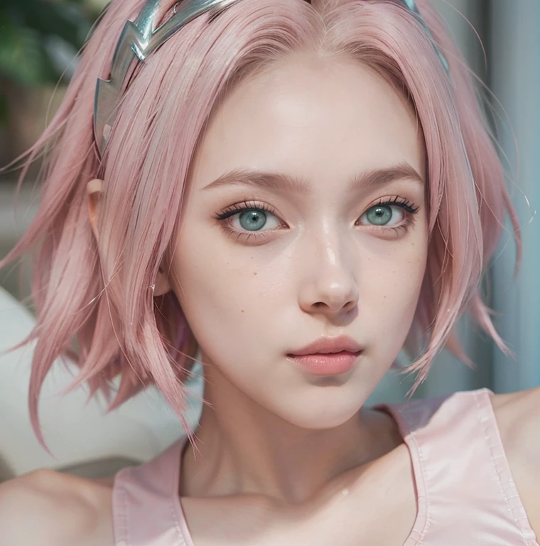 young woman, short shoulder-length pink hair, wide forehead, porcelain skin, pink eyebrows, big emerald green eyes, buttoned nose, full lips, heart-shaped face, slender body, small breasts, red tank top, Sakura Haruno , realistic, realism, details, 3d, well detailed
