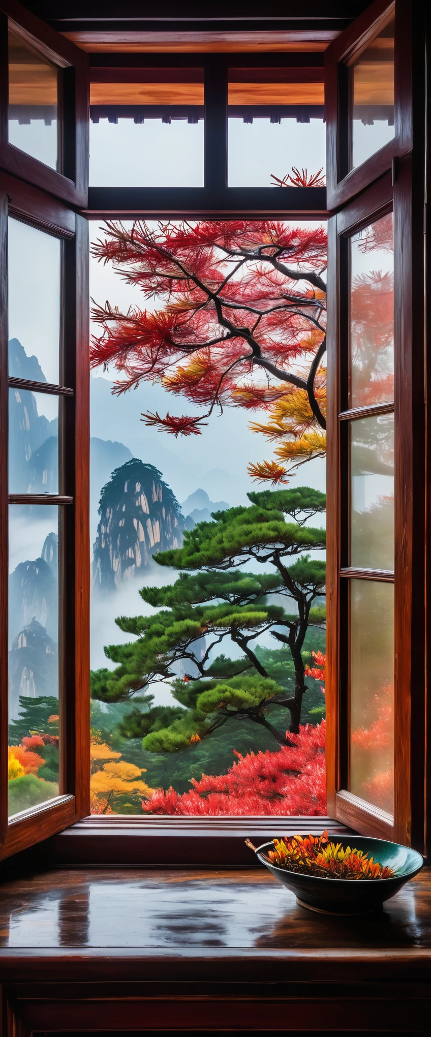 An open window in an old house, with a view of Mount Huangshan Mountain outside, shrouded in clouds and mist. The pine tree on top has colorful autumn colors. In front of it was one wall that had fallen off, adding to its visual appeal. This photo captures the scenery through the windows, presenting high definition photography effects. High resolution, rich details, wide angle lens, natural light, static composition, color contrast, in the style of impressionist photography.