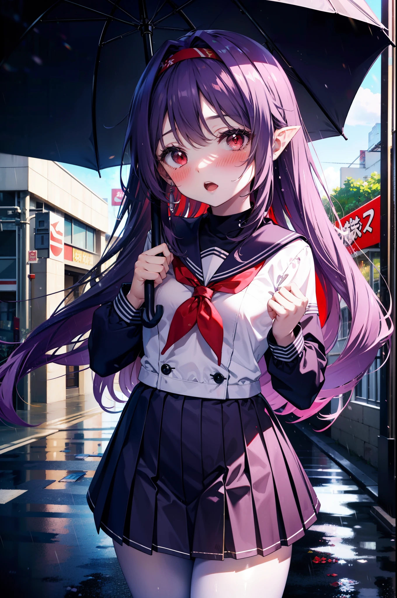 yuukikonno, Yuki Konno, hair band, long hair, pointed ears, purple hair,blush, embarrassing,(red eyes:1.5), (small breasts:1.2), open your mouth,high school girl uniform(purple sailor suit),Purple pleated skirt,white tights,brown loafers,rain,cloudy,umbrella,
break looking at viewer, Upper body, full body,
break outdoors, In town,building street,
break (masterpiece:1.2), highest quality, High resolution, unity 8k wallpaper, (figure:0.8), (detailed and beautiful eyes:1.6), highly detailed face, perfect lighting, Very detailed CG, (perfect hands, perfect anatomy),