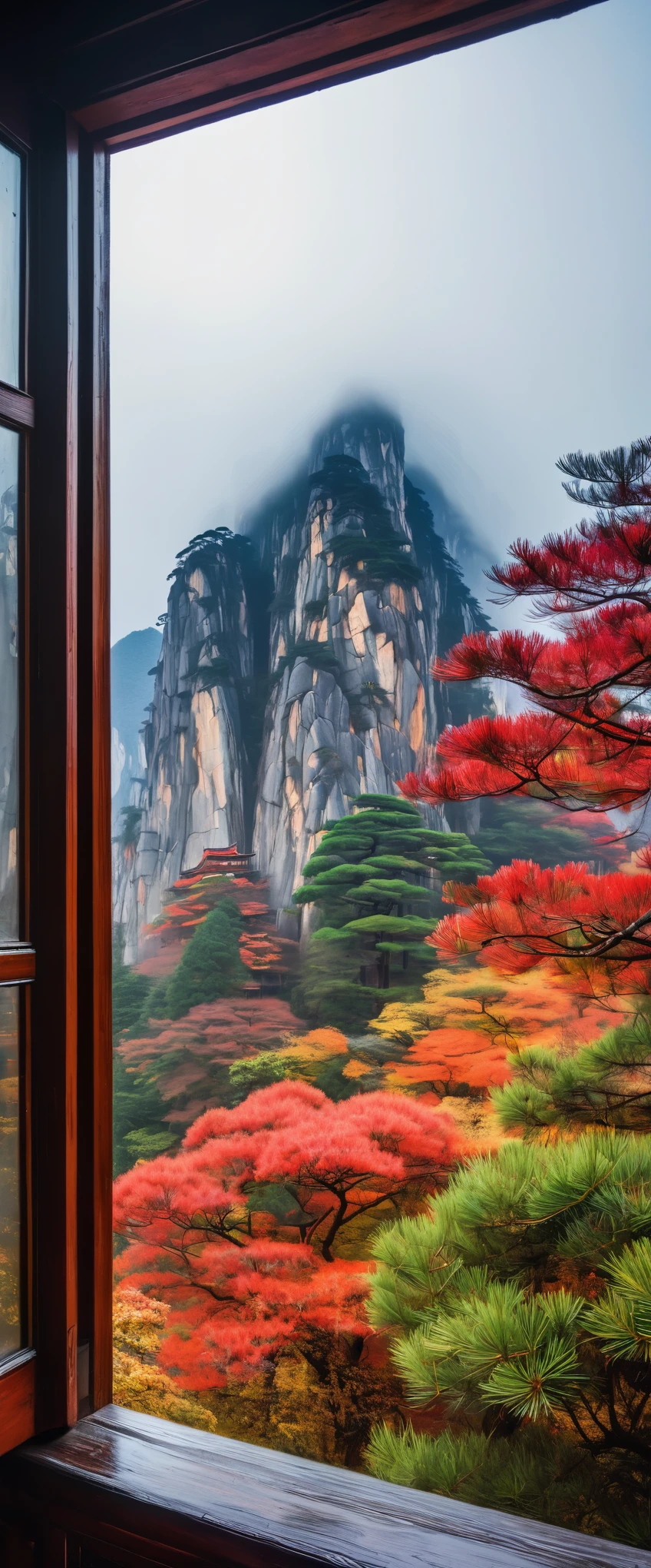 An open window in an old house, with a view of Mount Huangshan Mountain outside, shrouded in clouds and mist. The pine tree on top has colorful autumn colors. In front of it was one wall that had fallen off, adding to its visual appeal. This photo captures the scenery through the windows, presenting high definition photography effects. High resolution, rich details, wide angle lens, natural light, static composition, color contrast, in the style of impressionist photography.
