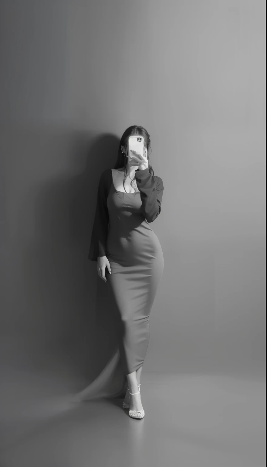 B&W photo, girl in a beautiful long dress, floor-length dress, photo of a girl in a tight dress, girl in a dress with long loose sleeves, girl has a beautiful figure, Wavy hair, wavy hair, beautiful long sleeves on the dress, long dress, photo of a girl in the studio, photo in the mirror, realism, super quality, naturalness