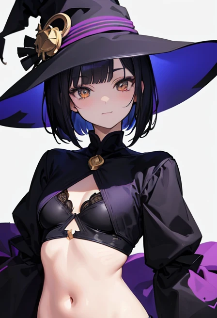 Witch's outfit, Anime-style portrait of a girl with a deep violet bob cut, {Golden eyes}, bright eyes, baby-faced, eye contact with the camera, subtle smile, minimalistic background to emphasize character, high contrast, clean lines, digital painting, vivid colors
