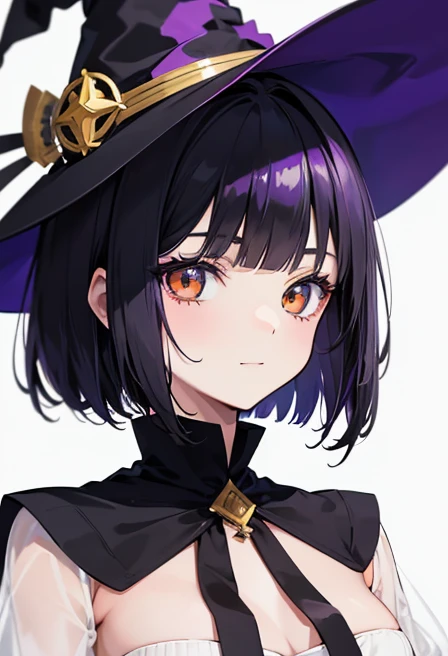 Witch's outfit, Anime-style portrait of a girl with a deep violet bob cut, {Golden eyes}, bright eyes, baby-faced, eye contact with the camera, subtle smile, minimalistic background to emphasize character, high contrast, clean lines, digital painting, vivid colors