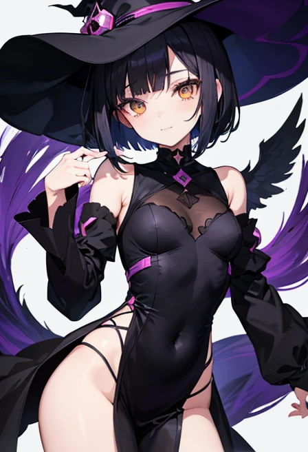 Witch's outfit, Anime-style portrait of a girl with a deep violet bob cut, {Golden eyes}, bright eyes, baby-faced, eye contact with the camera, subtle smile, minimalistic background to emphasize character, high contrast, clean lines, digital painting, vivid colors