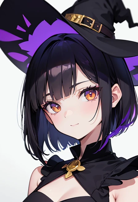 Witch's outfit, Anime-style portrait of a girl with a deep violet bob cut, {Golden eyes}, bright eyes, baby-faced, eye contact with the camera, subtle smile, minimalistic background to emphasize character, high contrast, clean lines, digital painting, vivid colors