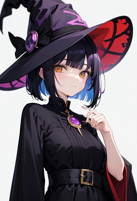 Witch's outfit, Anime-style portrait of a girl with a deep violet bob cut, {Golden eyes}, bright eyes, baby-faced, eye contact with the camera, subtle smile, minimalistic background to emphasize character, high contrast, clean lines, digital painting, vivid colors