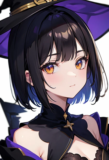 Witch's outfit, Anime-style portrait of a girl with a deep violet bob cut, {Golden eyes}, bright eyes, baby-faced, eye contact with the camera, subtle smile, minimalistic background to emphasize character, high contrast, clean lines, digital painting, vivid colors