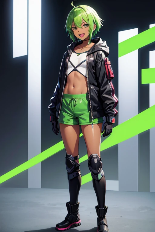 anime picture、full body portrait、A woman of about 24 years old, standing upright, about 160cm tall, with short green hair and dark skin, wearing a hooded jacket and shorts、smiling with open mouth、wearing a hood、flat chest、Wearing elbow and knee protectors, gloves and boots、Shadowrun