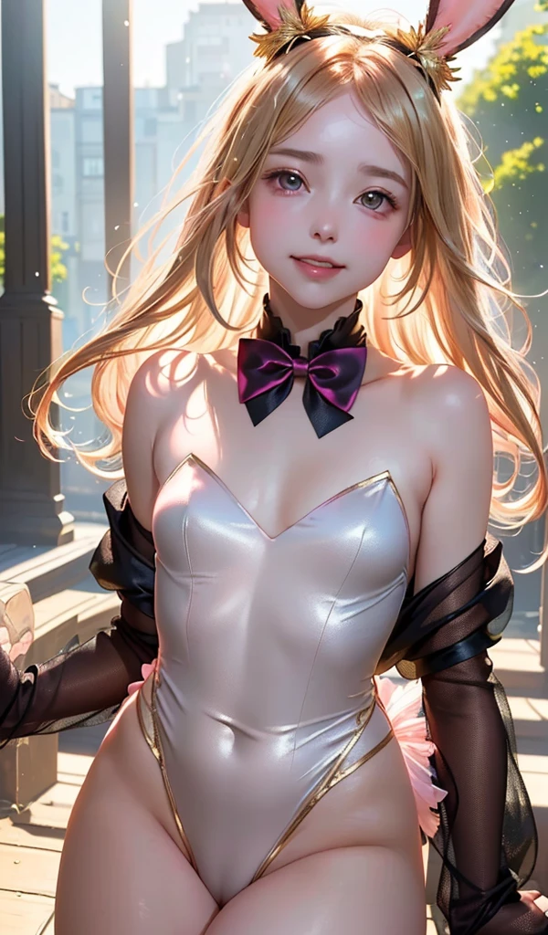 masterpiece, best quality, extremely detailed CG unity 8k wallpaper, (Upper Body head close-up shot of a beautiful  girl), , Elegant Long straight blonde hair, (Mckenna Grace), (flat chest,thighs), (pink-Black) golden (Glittering tutu,long Bunny Ear Headgear, , Bow-tie, No panties, genitals visible), (spread legs), (Blush), oil skin, (seductive smile), (Wonderland), pretty face, key art, award winning, intricate detail realism hdr, by (ruan jia and artgerm and range murata), Photorealism, Hyperrealism, ultra realistic, dramatic light, intense shadows, gorgeous view, depth of field
 
