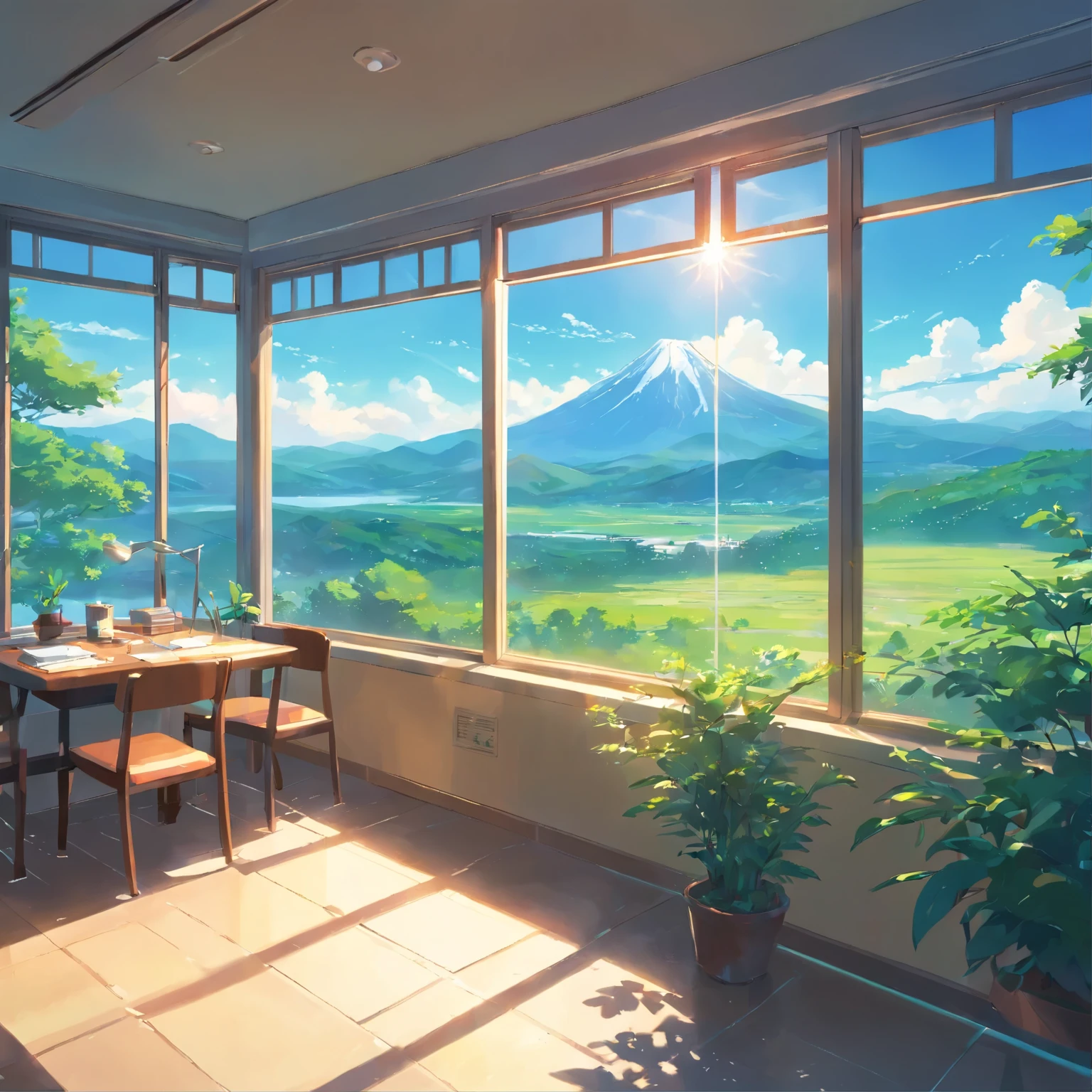 The scenery outside the window,Sunlight floods into the room through the windows,The trees outside the window are swaying,The mountains in the distance are rolling,The blue sky and white clouds complement each other,Quiet and beautiful。