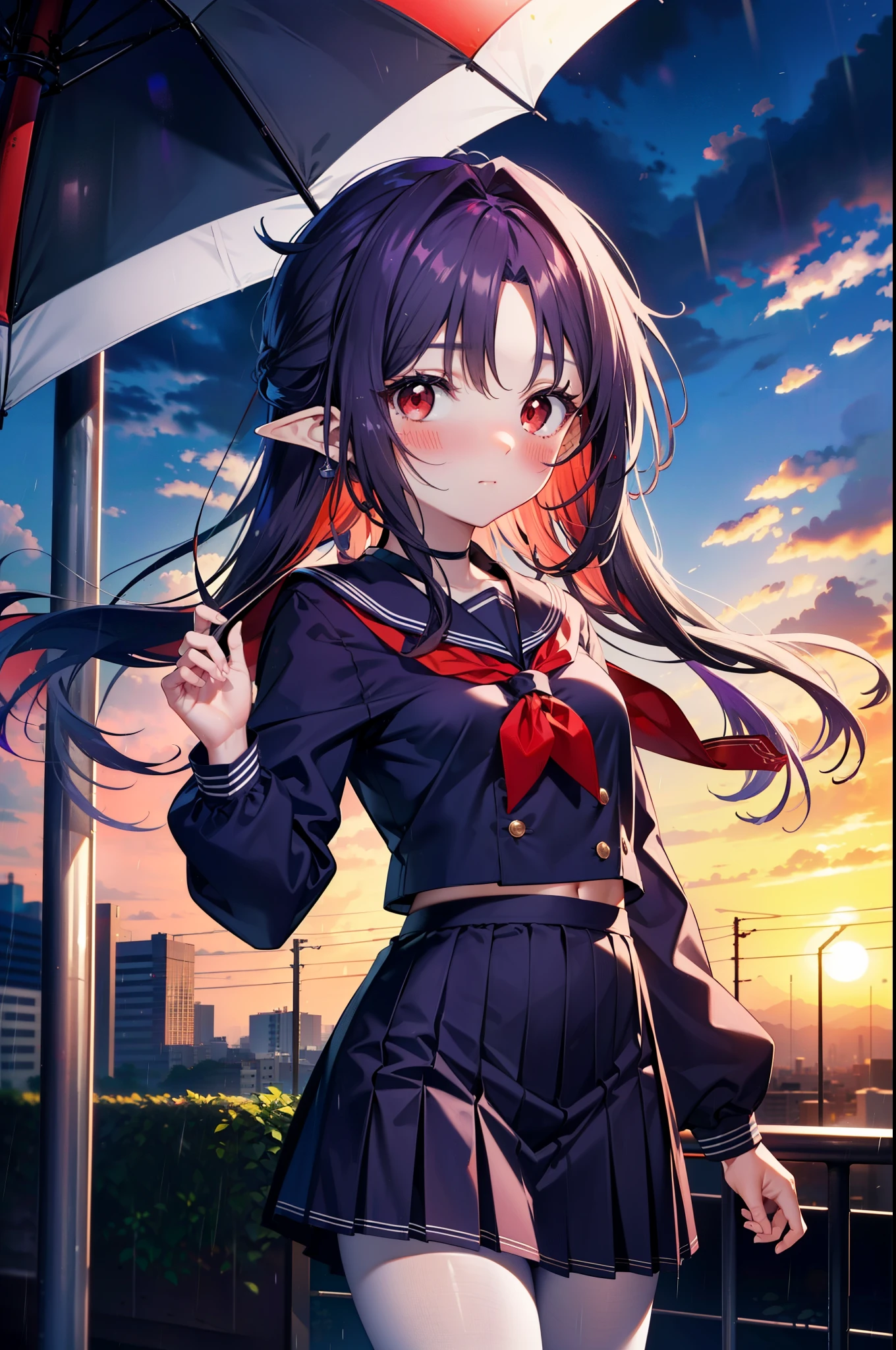 yuukikonno, Yuki Konno, hair band, long hair, pointed ears, purple hair,blush, embarrassing,(red eyes:1.5), (small breasts:1.2),high school girl uniform(purple sailor suit),Purple pleated skirt,white tights,brown loafers,rain,cloudy,umbrella,
break looking at viewer, Upper body, full body,
break outdoors, In town,building street,
break (masterpiece:1.2), highest quality, High resolution, unity 8k wallpaper, (figure:0.8), (detailed and beautiful eyes:1.6), highly detailed face, perfect lighting, Very detailed CG, (perfect hands, perfect anatomy),