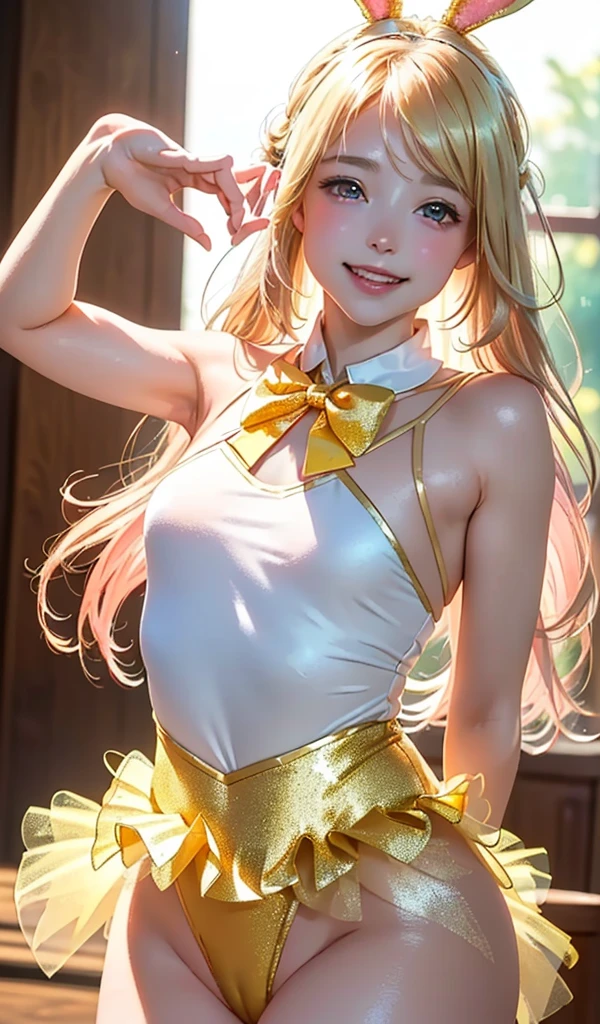 masterpiece, best quality, extremely detailed CG unity 8k wallpaper, (Upper Body head close-up shot of a beautiful girl), , Elegant Long straight blonde hair, (Mckenna Grace), (flat chest,thighs), (pink-yellow) golden (Glittering tutu,long Bunny Ear Headgear, , Bow-tie, No panties, genitals visible), (spread legs), (Blush), oil skin, (seductive smile), (Wonderland), pretty face, key art, award winning, intricate detail realism hdr, by (ruan jia and artgerm and range murata), Photorealism, Hyperrealism, ultra realistic, dramatic light, intense shadows, gorgeous view, depth of field