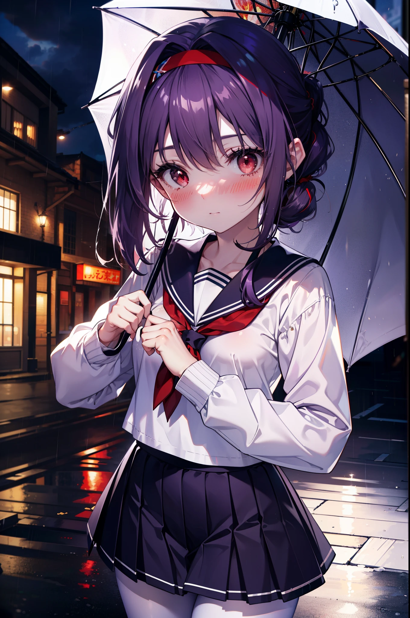 yuukikonno, Yuki Konno, hair band, long hair, pointed ears, purple hair,blush, embarrassing,(red eyes:1.5), (small breasts:1.2),high school girl uniform(purple sailor suit),Purple pleated skirt,white tights,brown loafers,rain,cloudy,umbrella,
break looking at viewer, Upper body, full body,
break outdoors, In town,building street,
break (masterpiece:1.2), highest quality, High resolution, unity 8k wallpaper, (figure:0.8), (detailed and beautiful eyes:1.6), highly detailed face, perfect lighting, Very detailed CG, (perfect hands, perfect anatomy),
