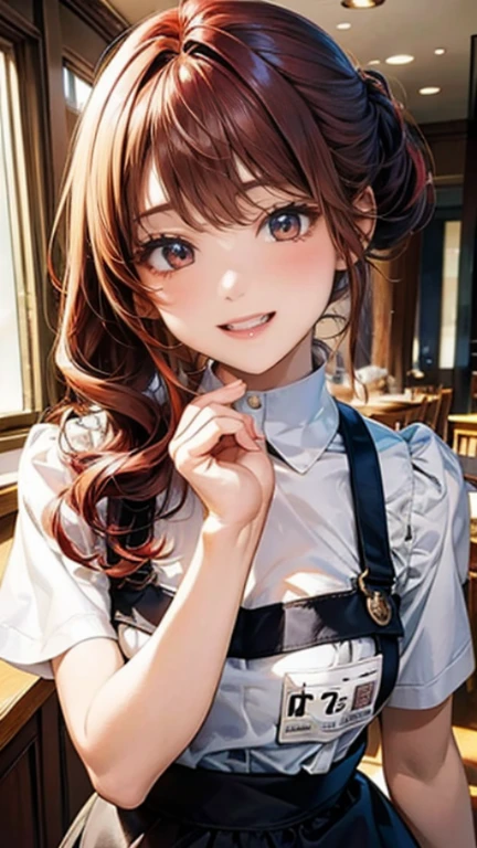 A breathtaking masterpiece、Captured in breathtaking 8K resolution、The portraits are exquisitely detailed and realistic.。The scene is bathed in HDR light.、Depicts a beautiful woman at a medium distance、((chignon:1.8、straight hair、red hair:1.4))、medium breasts、high school girl、(Cafe:1.4)、((blouse、The apron is clean、Has the store logo。A name tag is attached to the chest、We welcome our customers with a bright smile。))、In a perfect contrapposto pose、Her hands were delicately placed on her head、Smiling amiably at the viewer。She exudes an aura of grace and charm.。((nsfw:1.3))