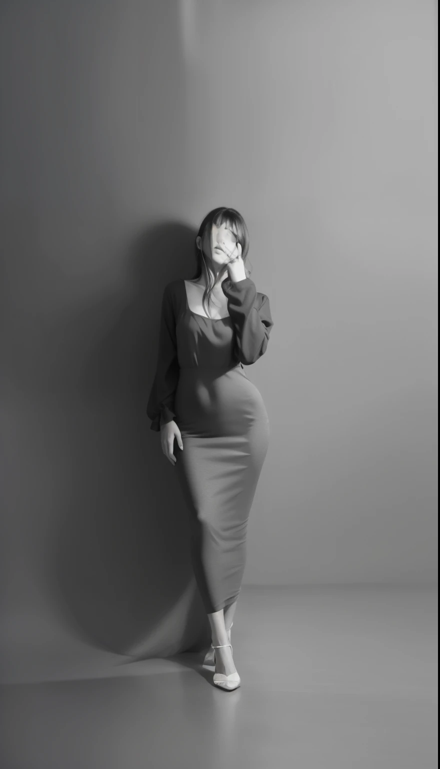 B&W photo, girl in a beautiful long dress, floor-length dress, photo of a girl in a tight dress, girl in a dress with long loose sleeves, girl has a beautiful figure, Wavy hair, wavy hair, beautiful long sleeves on the dress, long dress, photo of a girl in the studio, photo in the mirror, realism, super quality, naturalness
