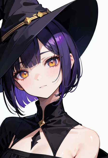 Witch's outfit, Anime-style portrait of a girl with a deep violet bob cut, {Golden eyes}, bright eyes, baby-faced, eye contact with the camera, subtle smile, minimalistic background to emphasize character, high contrast, clean lines, digital painting, vivid colors