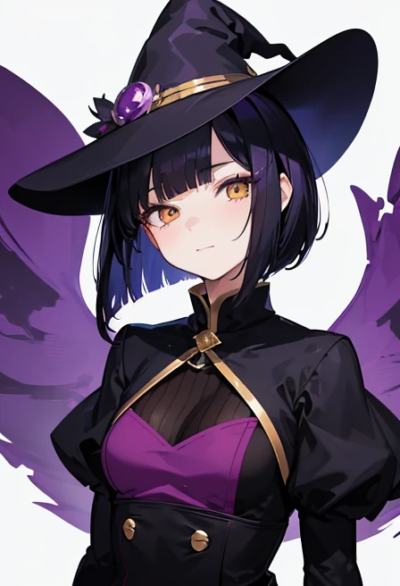 Witch's outfit, Anime-style portrait of a girl with a deep violet bob cut, {Golden eyes}, bright eyes, baby-faced, eye contact with the camera, subtle smile, minimalistic background to emphasize character, high contrast, clean lines, digital painting, vivid colors