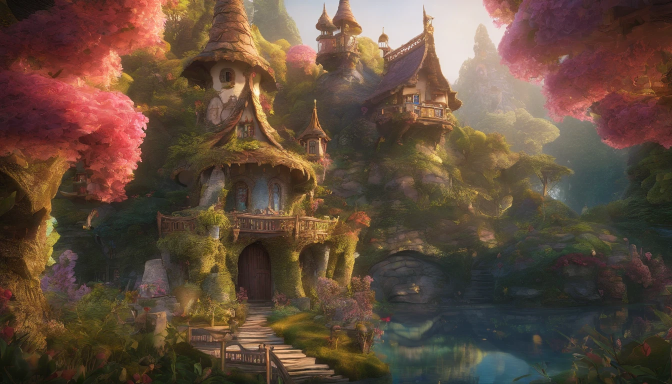 多くのLightのあるおとぎ話の家、Beautiful rendering of a fairy tale、Palace of Fairyland、Enchanting enchanted fantasy forest、fairy tale place、Highly detailed captivating fantasy、An enchanting fantasy forest、Sunny and capricious house、Fairytale palace、fantasy house、Fairytale Kingdom Forest、Cozy and attractive setting、Beautifully detailed fantasy、Fairy House、highly detailed fantasy、Fairytale Forest、Realistic:1:2、HD、 8K, fine details, photograph, photograph, cover, fruits, flower, spirit, Light