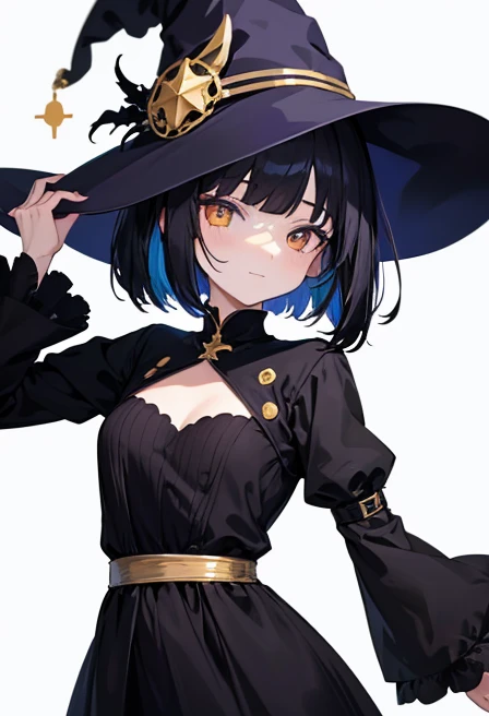 Witch's outfit, Anime-style portrait of a girl with a deep violet bob cut, {Golden eyes}, bright eyes, baby-faced, eye contact with the camera, subtle smile, minimalistic background to emphasize character, high contrast, clean lines, digital painting, vivid colors