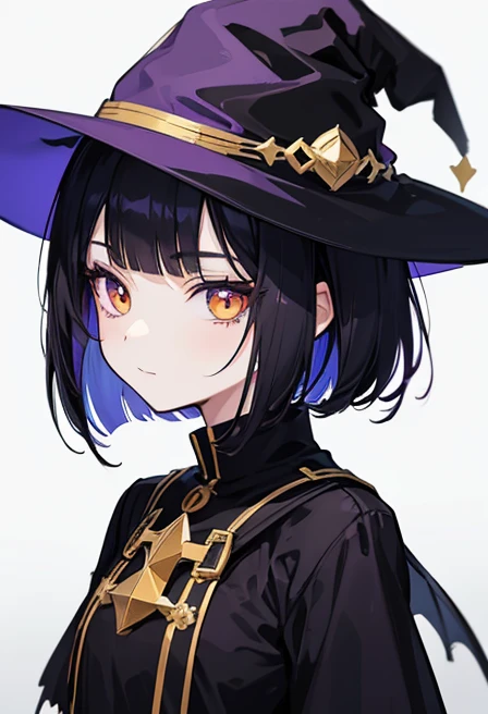 Witch's outfit, Anime-style portrait of a girl with a deep violet bob cut, {Golden eyes}, bright eyes, baby-faced, eye contact with the camera, subtle smile, minimalistic background to emphasize character, high contrast, clean lines, digital painting, vivid colors
