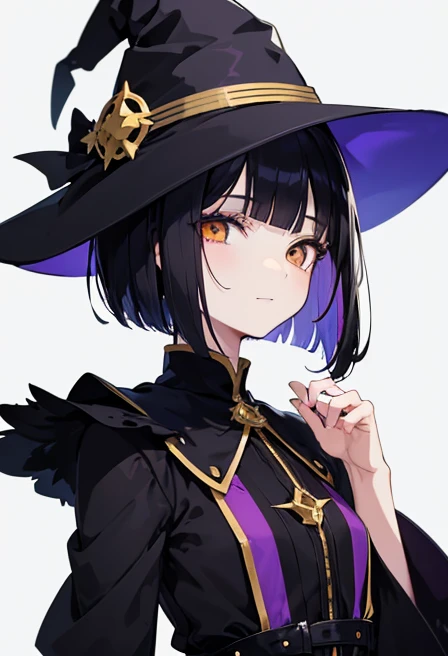 Witch's outfit, Anime-style portrait of a girl with a deep violet bob cut, {Golden eyes}, bright eyes, baby-faced, eye contact with the camera, subtle smile, minimalistic background to emphasize character, high contrast, clean lines, digital painting, vivid colors