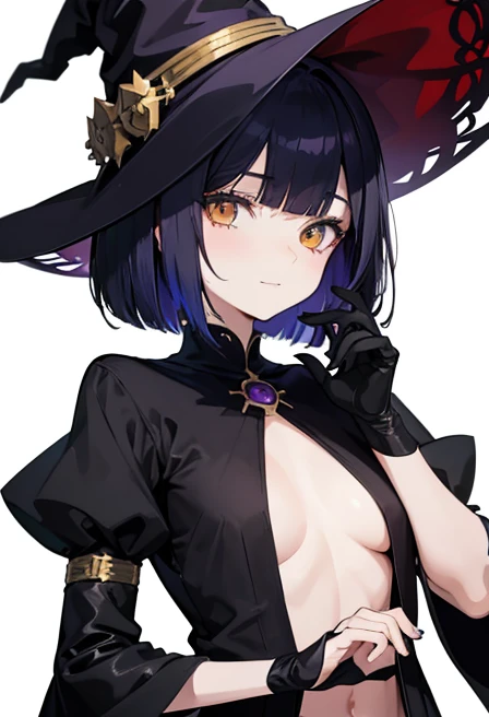 Witch's outfit, Anime-style portrait of a girl with a deep violet bob cut, {Golden eyes}, bright eyes, baby-faced, eye contact with the camera, subtle smile, minimalistic background to emphasize character, high contrast, clean lines, digital painting, vivid colors