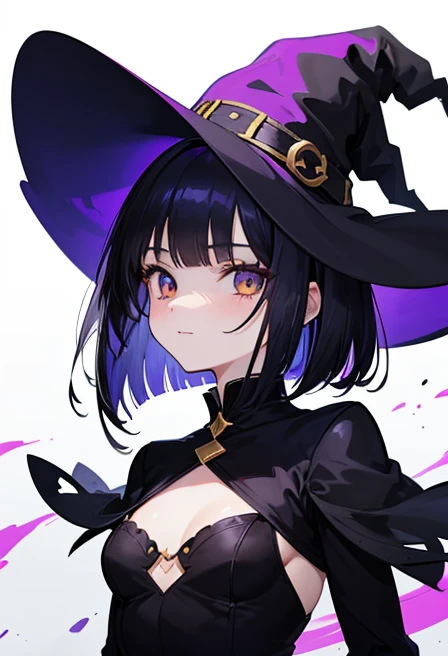 Witch's outfit, Anime-style portrait of a girl with a deep violet bob cut, {Golden eyes}, bright eyes, baby-faced, eye contact with the camera, subtle smile, minimalistic background to emphasize character, high contrast, clean lines, digital painting, vivid colors