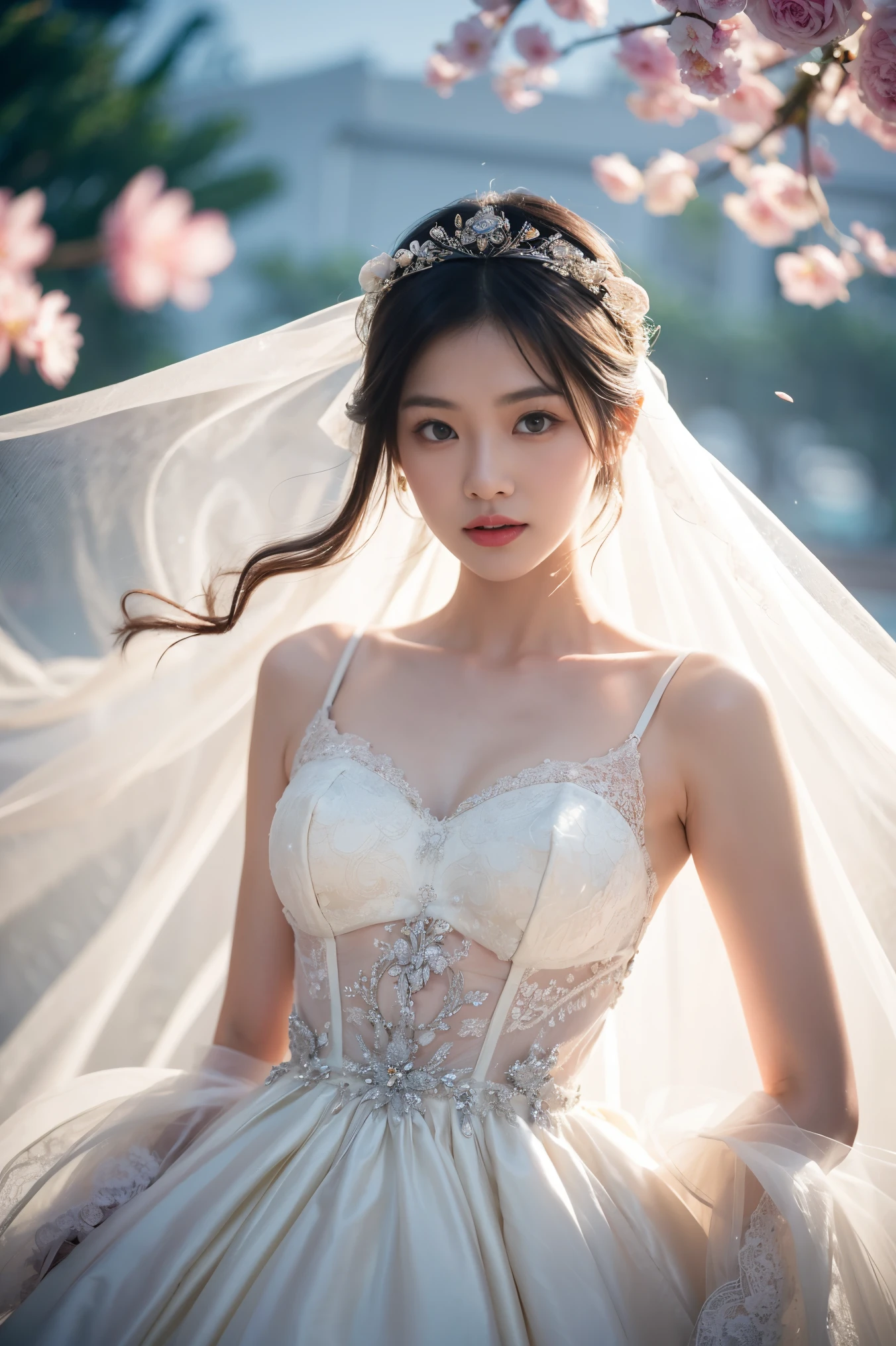 Asian woman,white wedding dress,Petals,fantasy style,soft light,Rich in details,dreamy colors,Elegant action